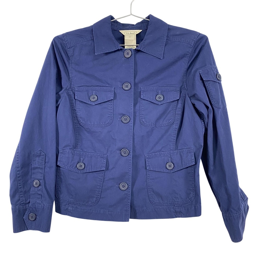 L.L.Bean Jacket Womens Medium Petite Blue Utility Field Cotton Button‎ Pockets